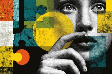 Woman holding finger on lips with puzzle pieces and colorful textured background