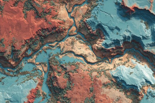Flood-prone area mapped with erosion zones, water blue and reddish soil tones, risk mitigation theme 