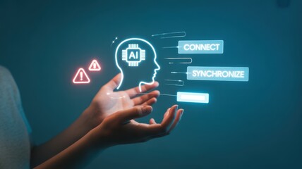 AI Digital Transformation: A person's hands cradle a glowing digital projection of a brain integrated with AI technology, symbolizing connection and synchronization, amid warning signs. 