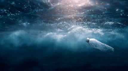Fototapeta premium A plastic bottle floats submerged in the deep blue ocean a symbol of environmental pollution