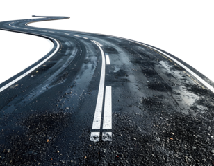 Winding road, wet asphalt, two lanes, curving path, dark gray surface, speckled with debris, white lines, perspective view, leading into distance