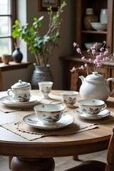 Fototapeta premium White teapot on wooden table with floral cups and saucers, sunlight coming through window.