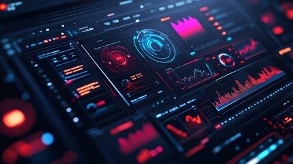 Fototapeta premium Futuristic digital dashboard interface with glowing charts and graphs for complex data analysis and business intelligence