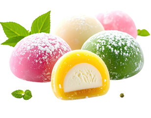 Assorted colorful mochi, some with visible fillings, dusted with powdered sugar