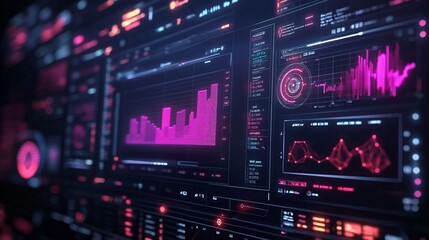 Obraz premium Futuristic heads-up display showcasing complex data analytics and financial stock market information on a glowing digital interface