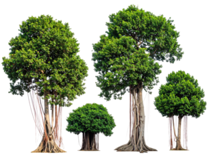Lush, diverse trees in a row against a black background