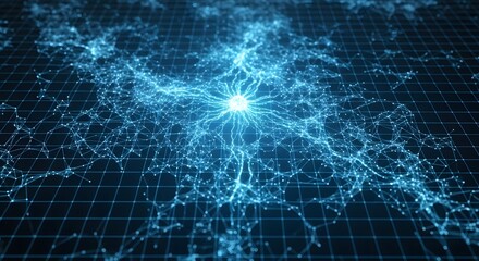 Abstract visualization of a neural network with glowing connections and nodes on a grid background.