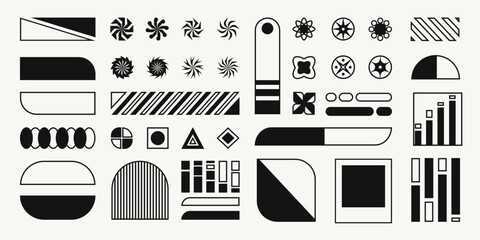Graphic set of abstract bold shapes and symbols, geometric art, signs and decorative design elements in brutal retro style. Vector vintage stickers.