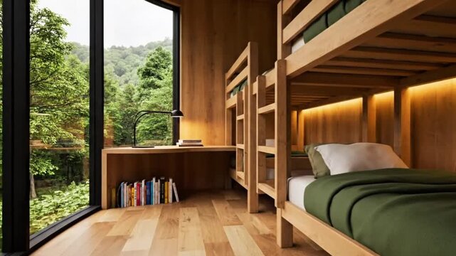 Wooden bedroom with bunk bed, bookshelf, curved desk and large panoramic window view 

