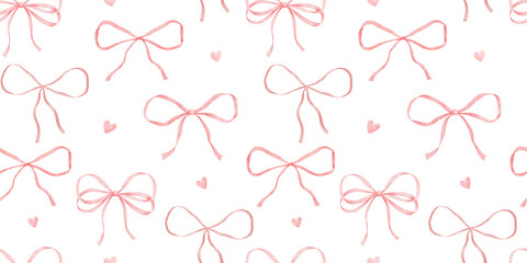 Seamless pattern with thin coquette bow, watercolor hand drawn texture repeating background with pink illustration