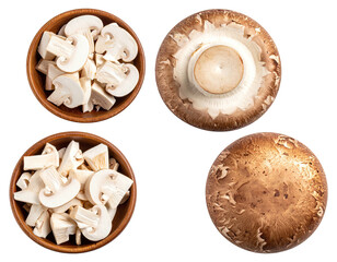 Four wooden bowls showcasing sliced mushrooms, top and bottom views