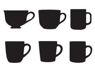 A set of ceramic coffee cups and mugs in various colors, isolated on a white background