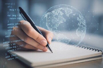 Hand Holding Pen Over Notebook with Globe Digital Network and Code Overlay Representation