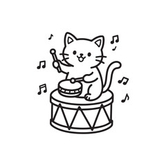 Playful Kitten Sitting On Toy Drum With Drumsticks And Musical Notes Line Art Design. 