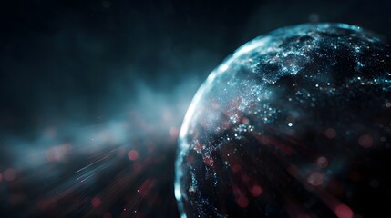 A glowing digital globe with blue light data streams and cosmic particles against a dark background