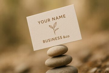 Zen Business Card Mockup – Cotton Eco Paper on Stacked River Stones with Zen Tilt Angle