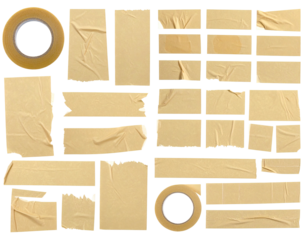 Assorted pieces of crumpled, torn, and overlapping tan adhesive tape, arranged in a grid pattern.  A transparent tape roll is visible in the top-left and bottom-right corners