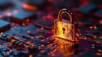 Security padlock with digital crypto symbols in background