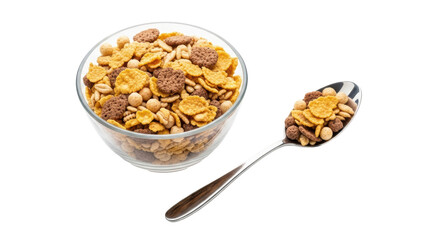 Isolated breakfast cereal in a bowl and on a spoon, delicious, nutritional morning meal
