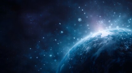 Naklejka premium Futuristic Earth in deep space illuminated by a bright glow and surrounded by digital technology icons