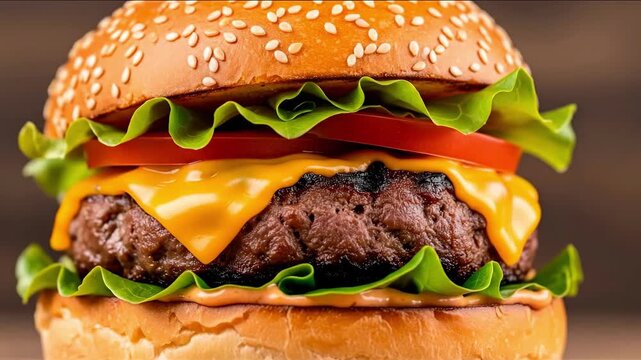 Close-up of a delicious juicy cheeseburger with fresh ingredients