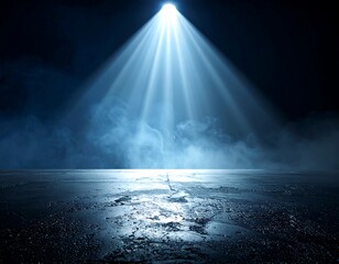 Three powerful spotlights illuminate a dark, smoky, empty stage floor, creating a dramatic, mysterious, and abstract background perfect for product presentation or event promotion.