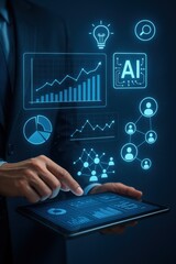 Businessman Analyzing Data on Tablet with Digital Graphs and Artificial Intelligence Icons
