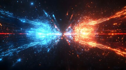 A dynamic abstract image features opposing streams of glowing particles, showcasing a striking contrast between vibrant blue and fiery orange hues, set against a dark background.