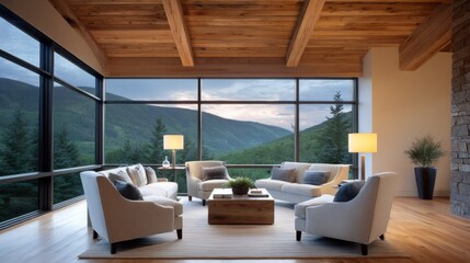 mountain living room, wooden ceiling, soft armchairs, large window with mountain landscape, warm lighting