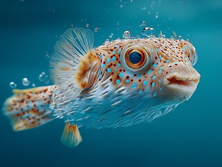 Obraz premium Vibrant puffer fish swimming gracefully against a bright blue background in crystal clear waters