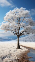 Snowy tree stands against winter sky