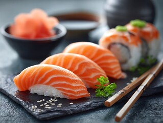 Delicious assortment of sushi featuring fresh salmon and colorful ingredients on a white plate