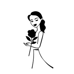 Black and white vector illustration of a beautiful woman holding a flower, minimal clean line art style