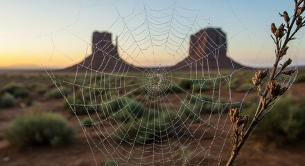 Spiderweb in desert landscape at sunrise