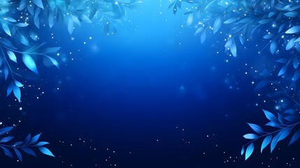 A mesmerizing, ethereal background showcases a vibrant deep blue backdrop embellished with delicate, light blue leaves and sparkling, luminous dust particles.