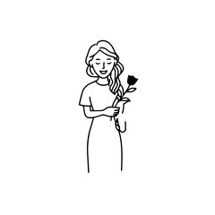 Black and white vector illustration of a beautiful woman holding a flower, minimal clean line art style