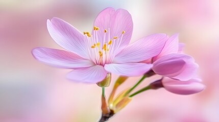 Close-up of a delicate blossom, showcasing soft pink petals and golden stamens, against a dreamy pastel background.