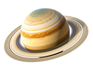 Planetary rings encircle a swirling, banded sphere