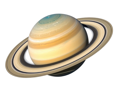 Saturn, a ringed planet, shows swirling bands of tan and gold, with a faint turquoise hue at the top