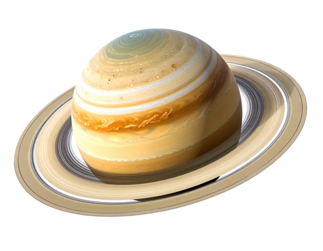 Planetary rings encircle a swirling, banded sphere