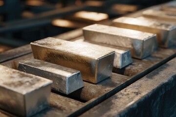 Pure metal ingots lined up on conveyor, pewter and tan, clean production realism 