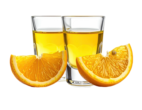 Two shot glasses of golden liquid beside orange slices