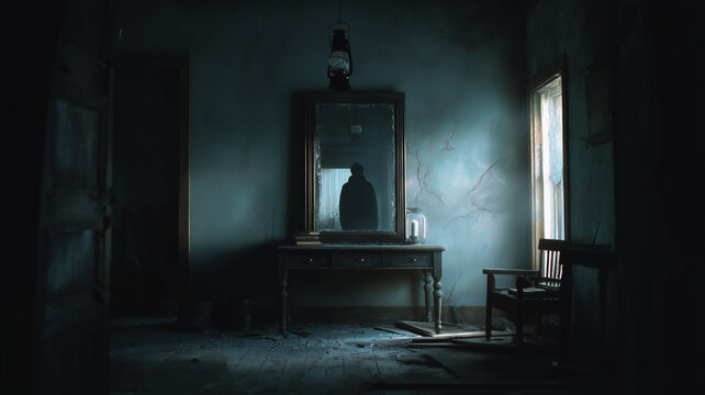Zjawa widoczna w lustrze opuszczonego nawiedzonego domu &ndash; upiorne odbicie