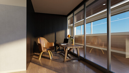 Modern home office with leather chair, wooden desk, laptop, indoor plant, desk lamp, natural sunlight, large windows, minimalist contemporary workspace design, stylish interior 3D Render visualisation