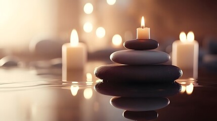 A serene composition of smooth stones stacked atop one another, reflecting in a still surface of water, and surrounded by softly glowing candles, evokes a peaceful and tranquil atmosphere.