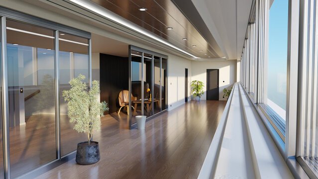 Luxury cruise ship interior corridor 3D render with floor-to-ceiling ocean view windows, wooden flooring, glass meeting room, modern furniture, indoor plants, and contemporary corporate lounge design