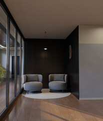 Modern lounge with two armchairs, decorative pillows, soft rug, black wood panel wall, floor-to-ceiling windows, cozy seating nook, minimalist contemporary interior design 3D render visualization