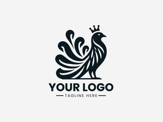 Heraldic medieval bird vector logo with shield and crown for royal family crest or castle branding