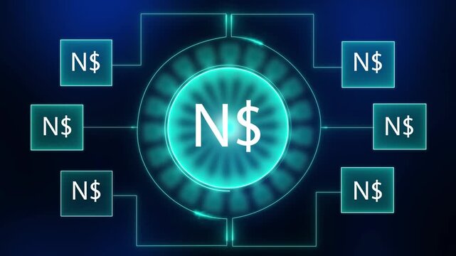 Namibia Dollar N$ Currency Symbol Network Connection Digital Abstract Technology Financial Global Economy Concept Futuristic Neon Glow Dark Blue Background