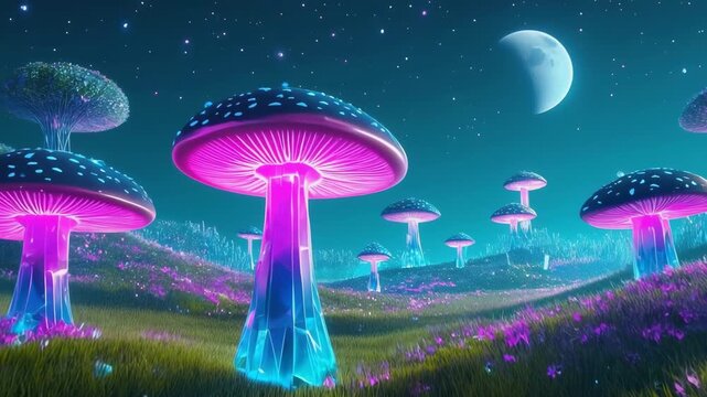 Magische Fantasiewelt mit Riesigen Pilzen, Wasserfall und Fliegenden Inseln &ndash; Traumhafte Landschaft Animation	